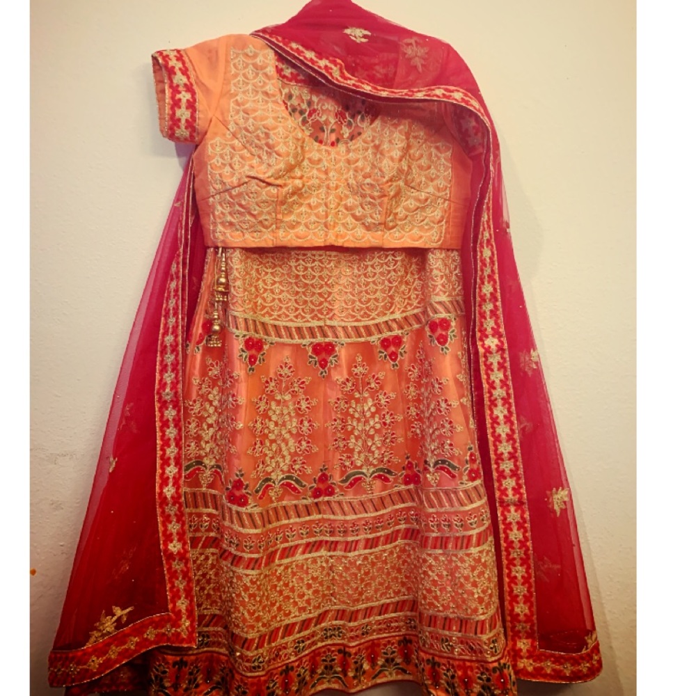 Peach party wear lehnga